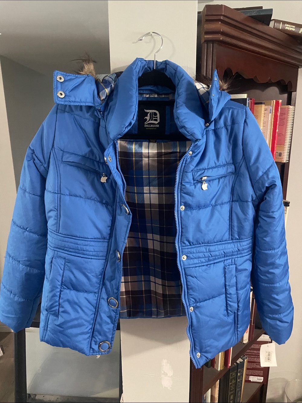Dollhouse Bright Blue Puffer Coat with Plaid Lining